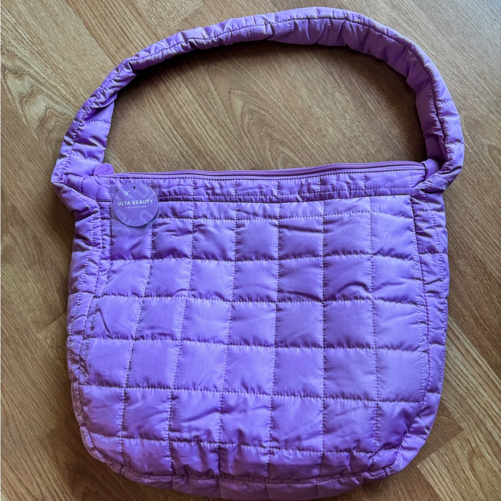 Ulta Beauty purple quilted carryall tote